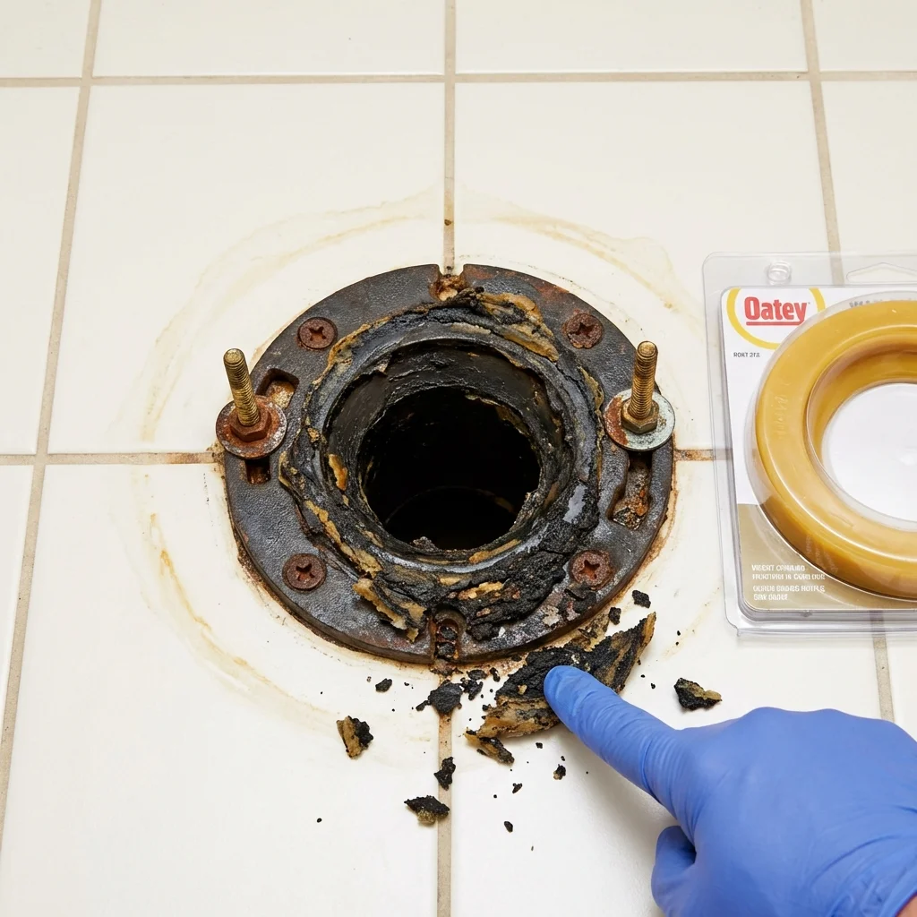 Failed wax ring showing water seepage at the base of a toilet in a South Boston, VA home