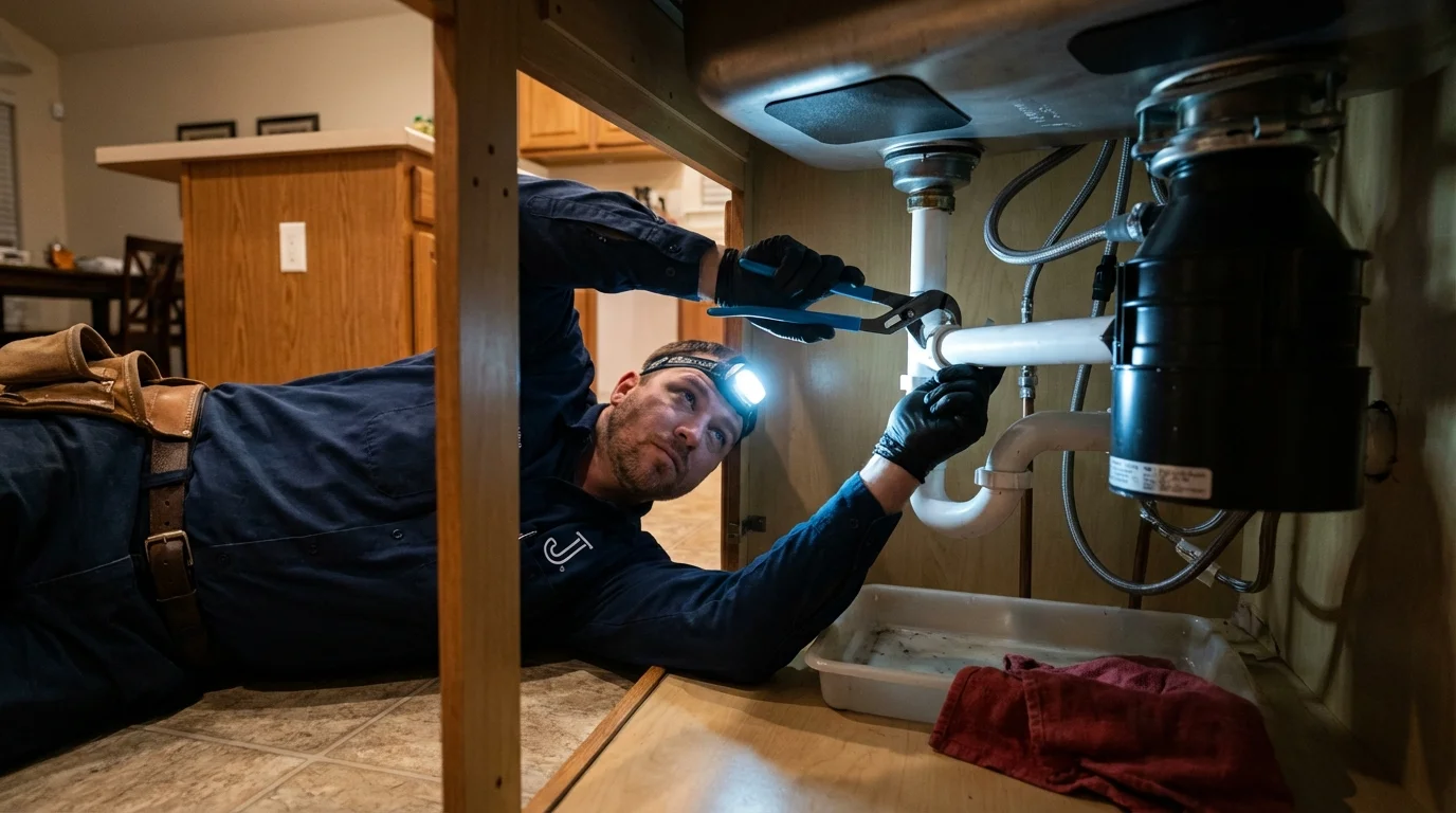 P-trap and supply line connections under a kitchen sink showing a common leak point in South Boston, VA